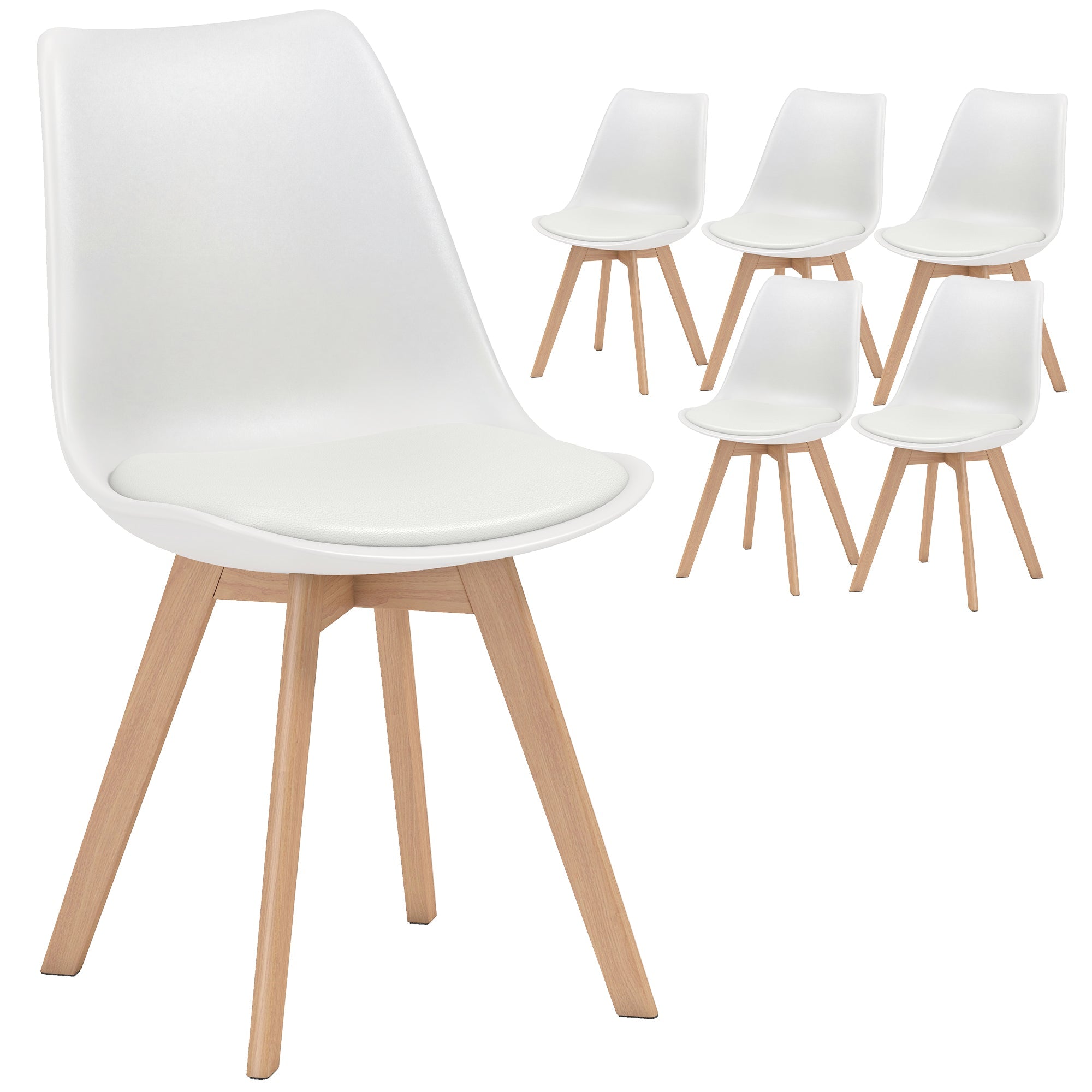 6-Piece Dining Chair Set with PU Leather & Wooden Base, White