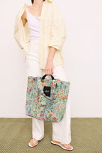 Tote bag tejido jacquard flores azaleas celeste