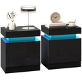 Set of 2 High Gloss Nightstands with App Control, RGB LED & 2 Drawers, Black