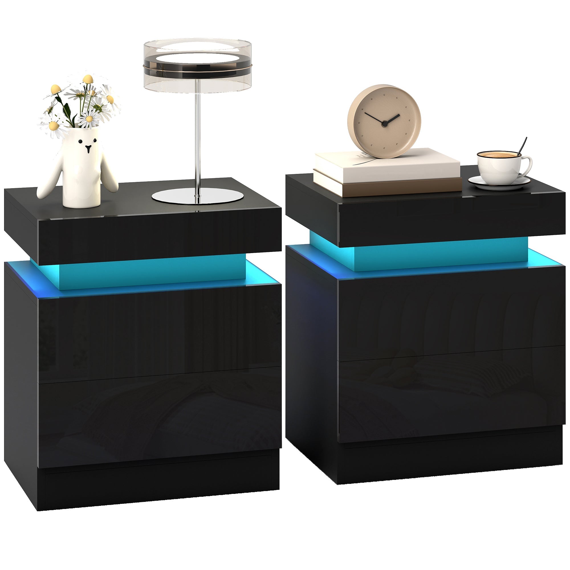 Set of 2 High Gloss Nightstands with App Control, RGB LED & 2 Drawers, Black