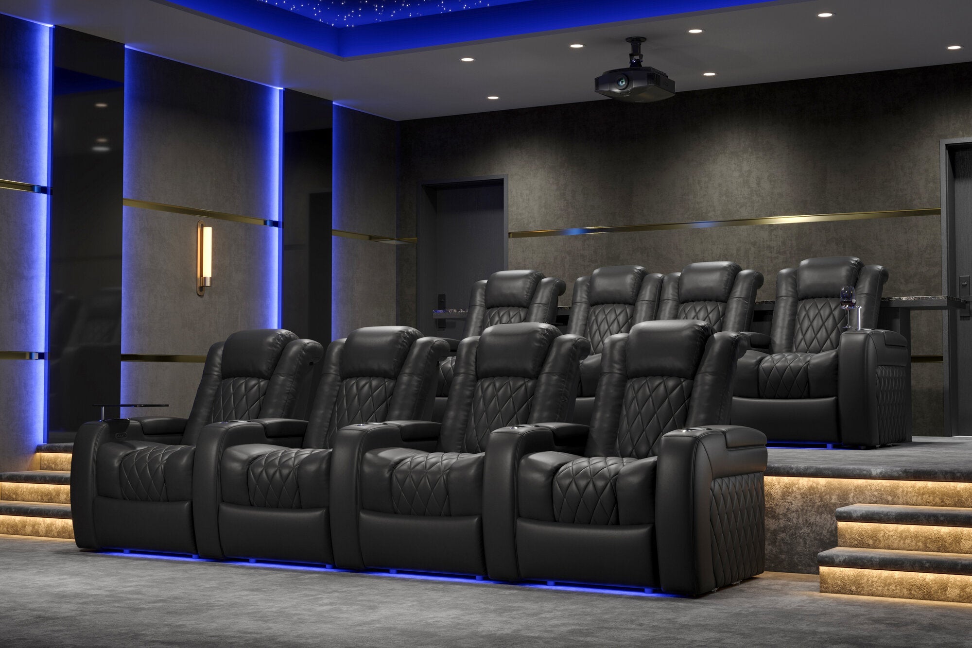 Valencia Tuscany Italian Leather Home Theater Seating Row of 4, Midnight Black