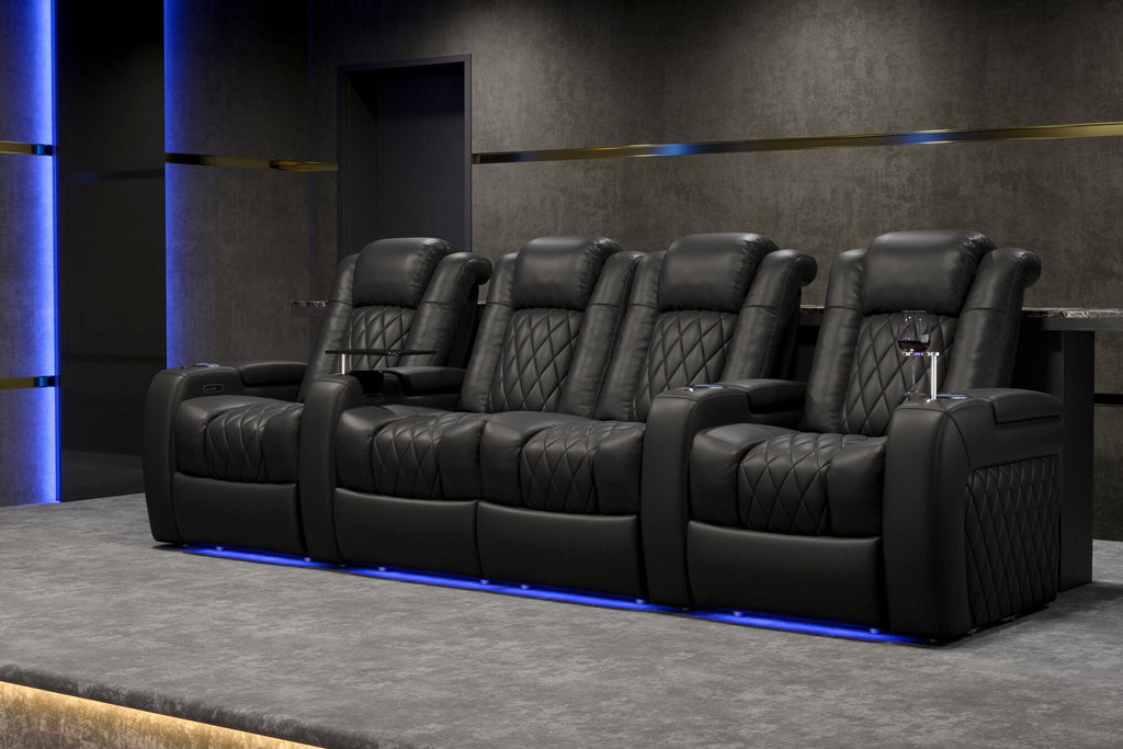 Valencia Tuscany Leather Home Theater Seating Row of 3 Loveseat Left, Midnight Black