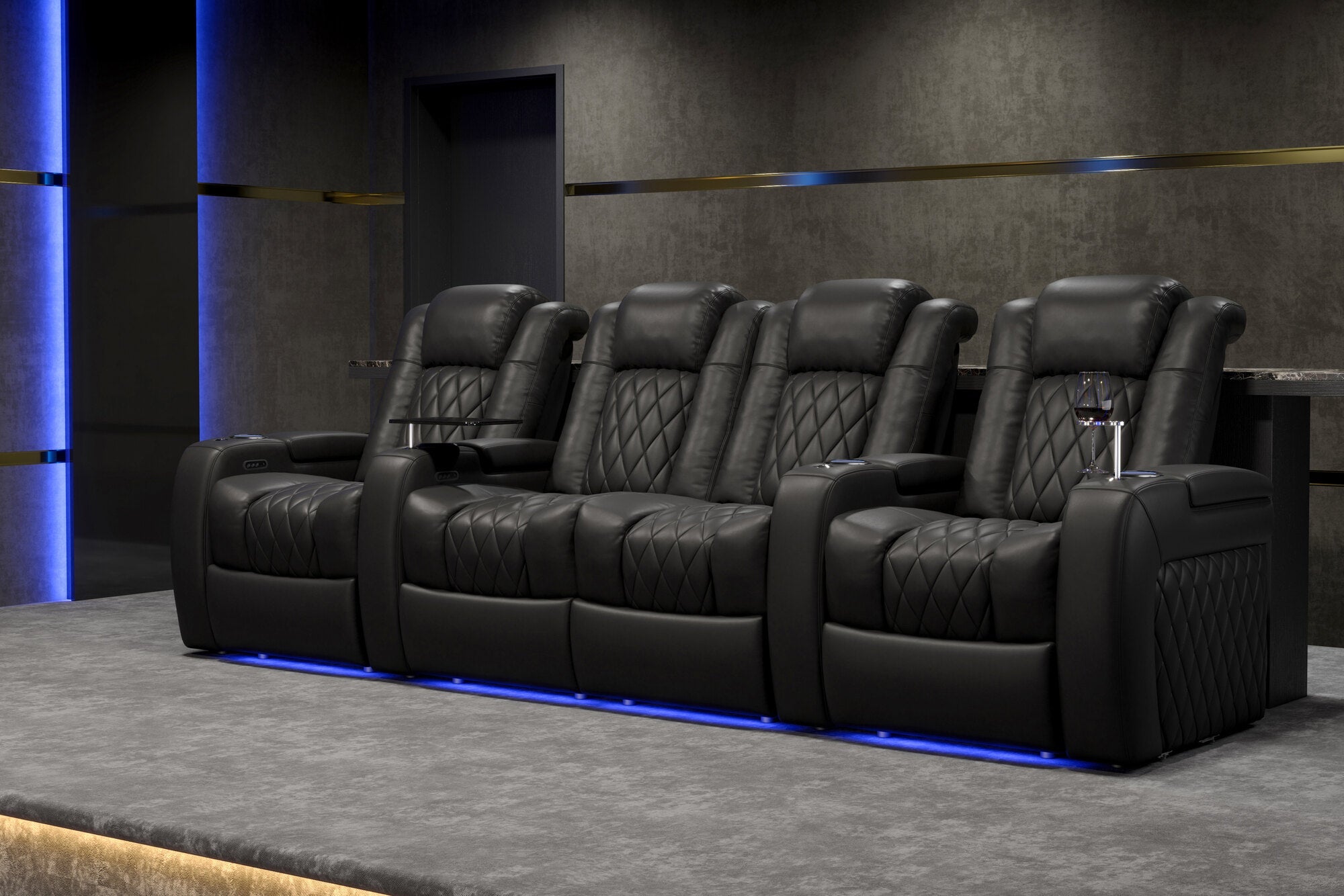 Valencia Tuscany Italian Leather Home Theater Seating Row of 5, Midnight Black