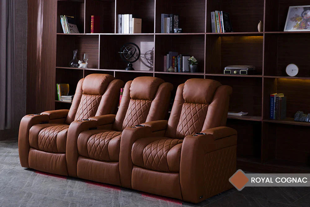Valencia 2025 New Tuscany Ultimate Luxury Leather Home Theater Seating Row of 2 Loveseat, Royal Cognac