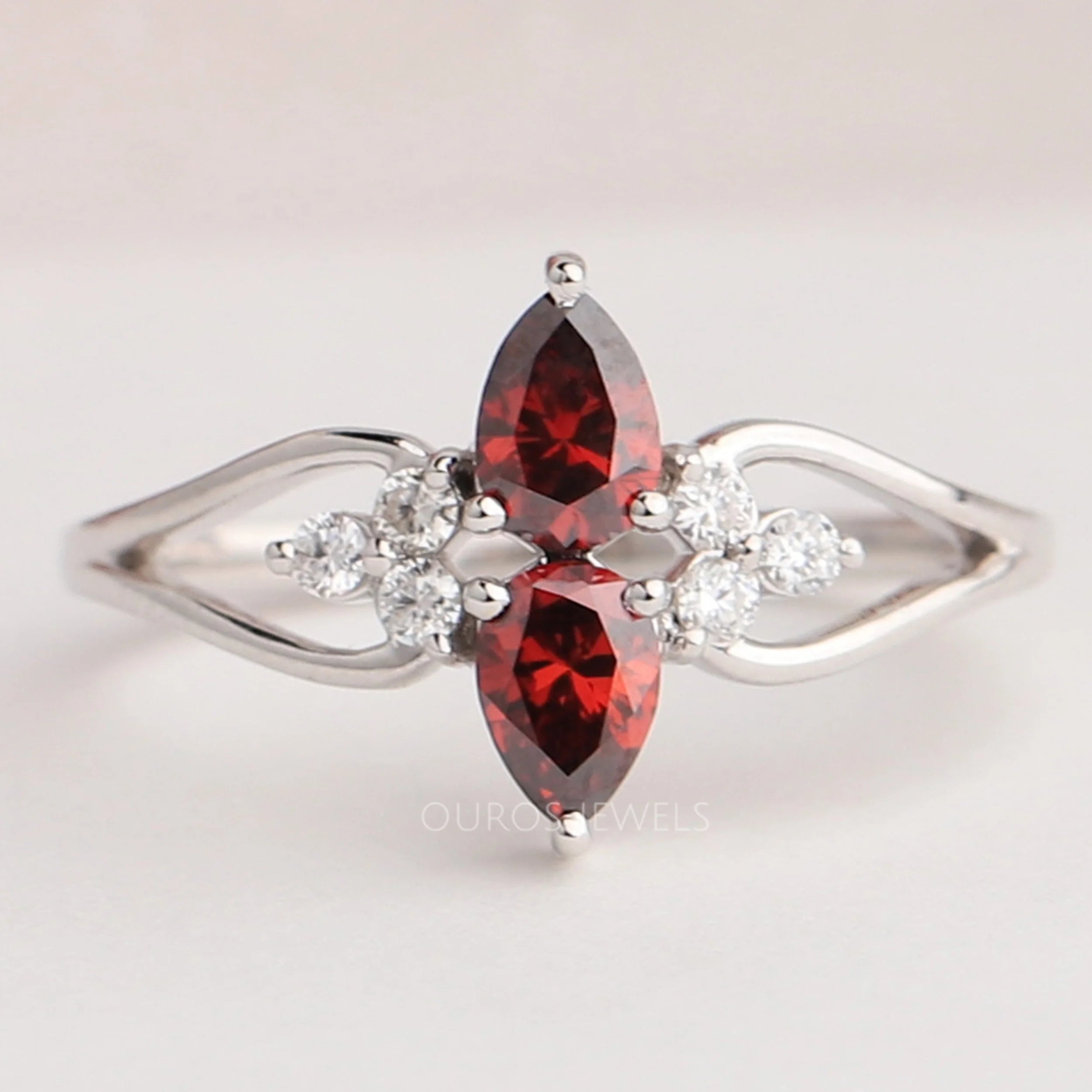 Two  Stone Red Pear Diamond Dainty Ring
