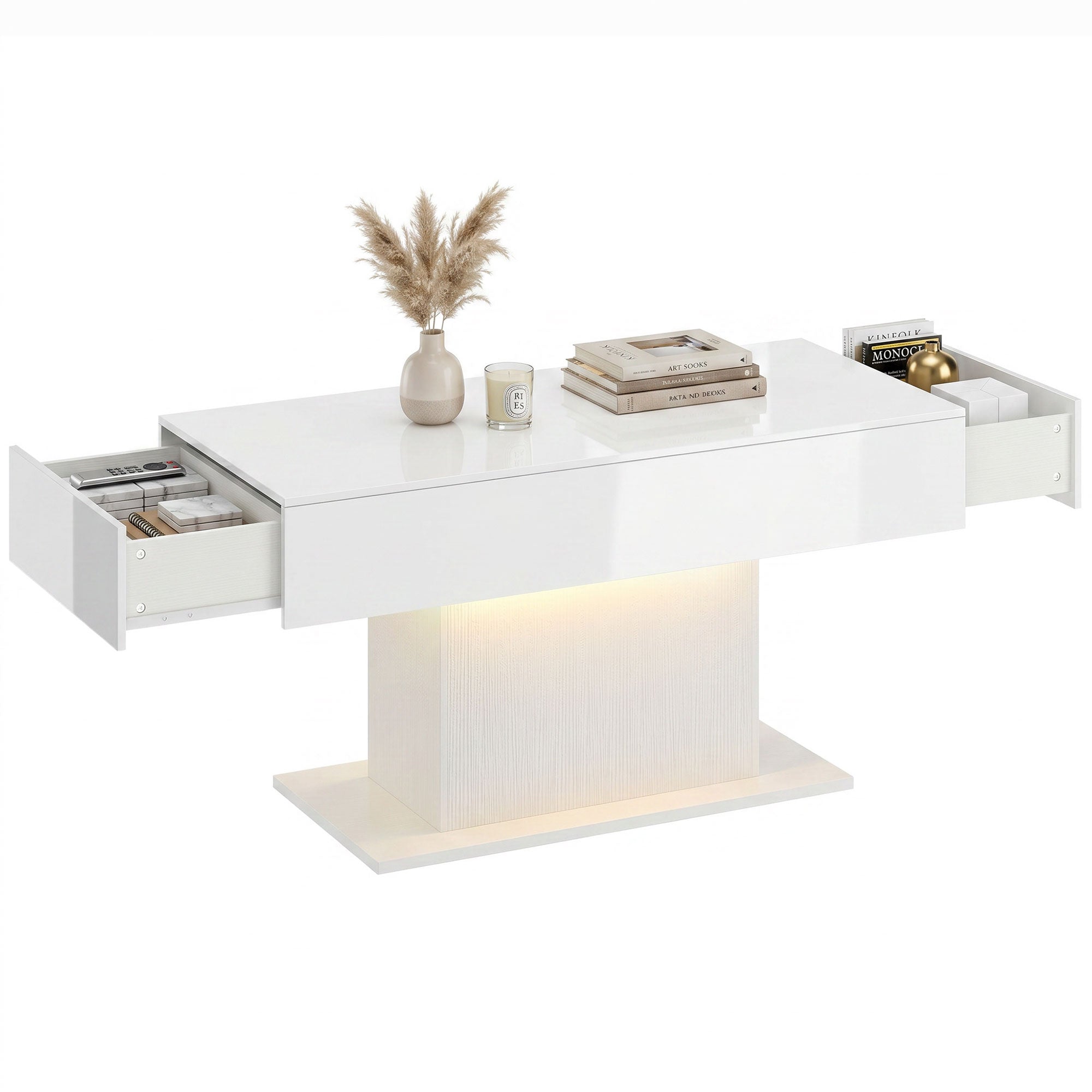 LED Storage Coffee Table with Remote Control and 2 Drawers, High Gloss White
