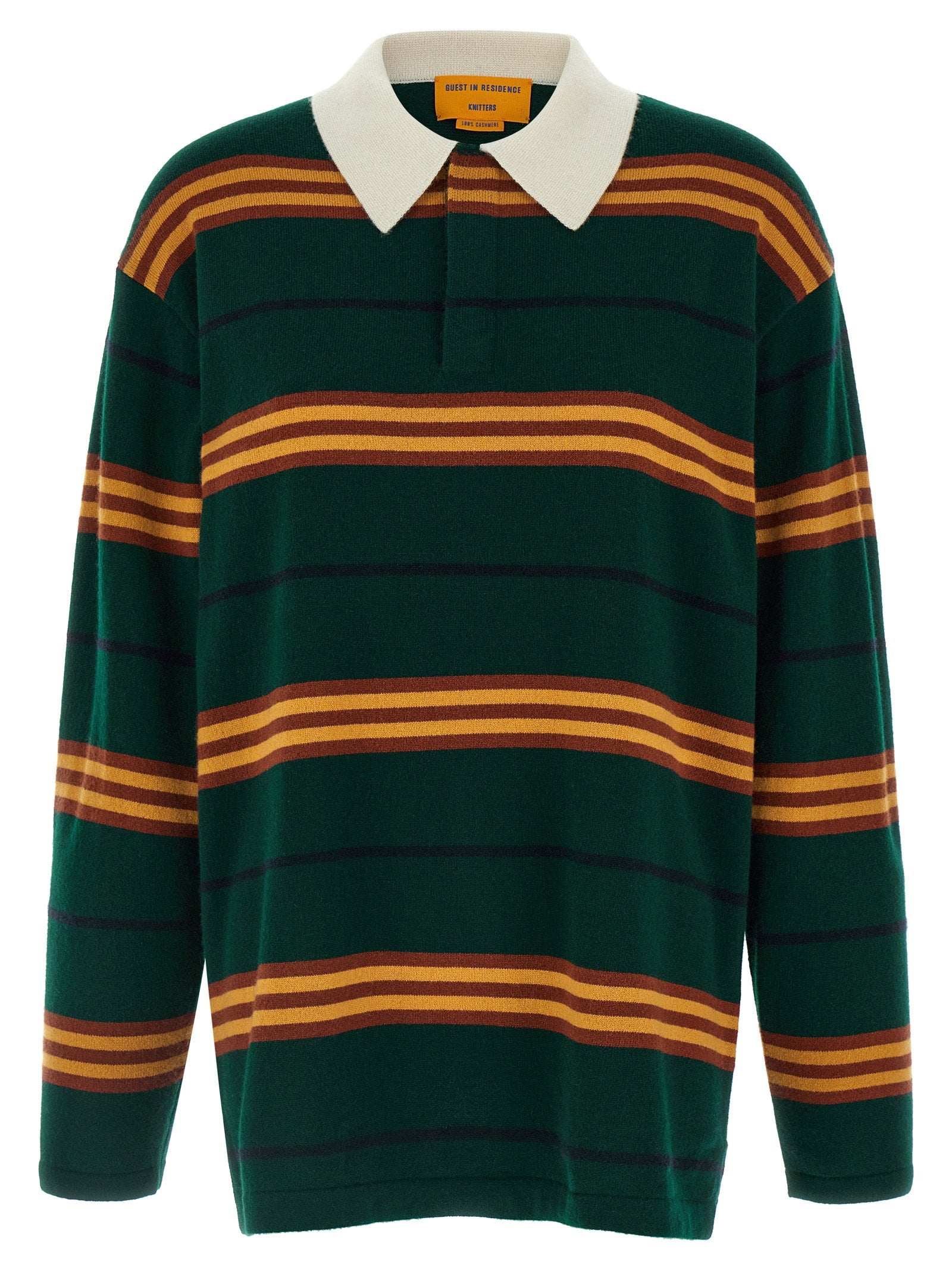 Guest In Residence Striped Cashmere Rugby Polo — Forest Green