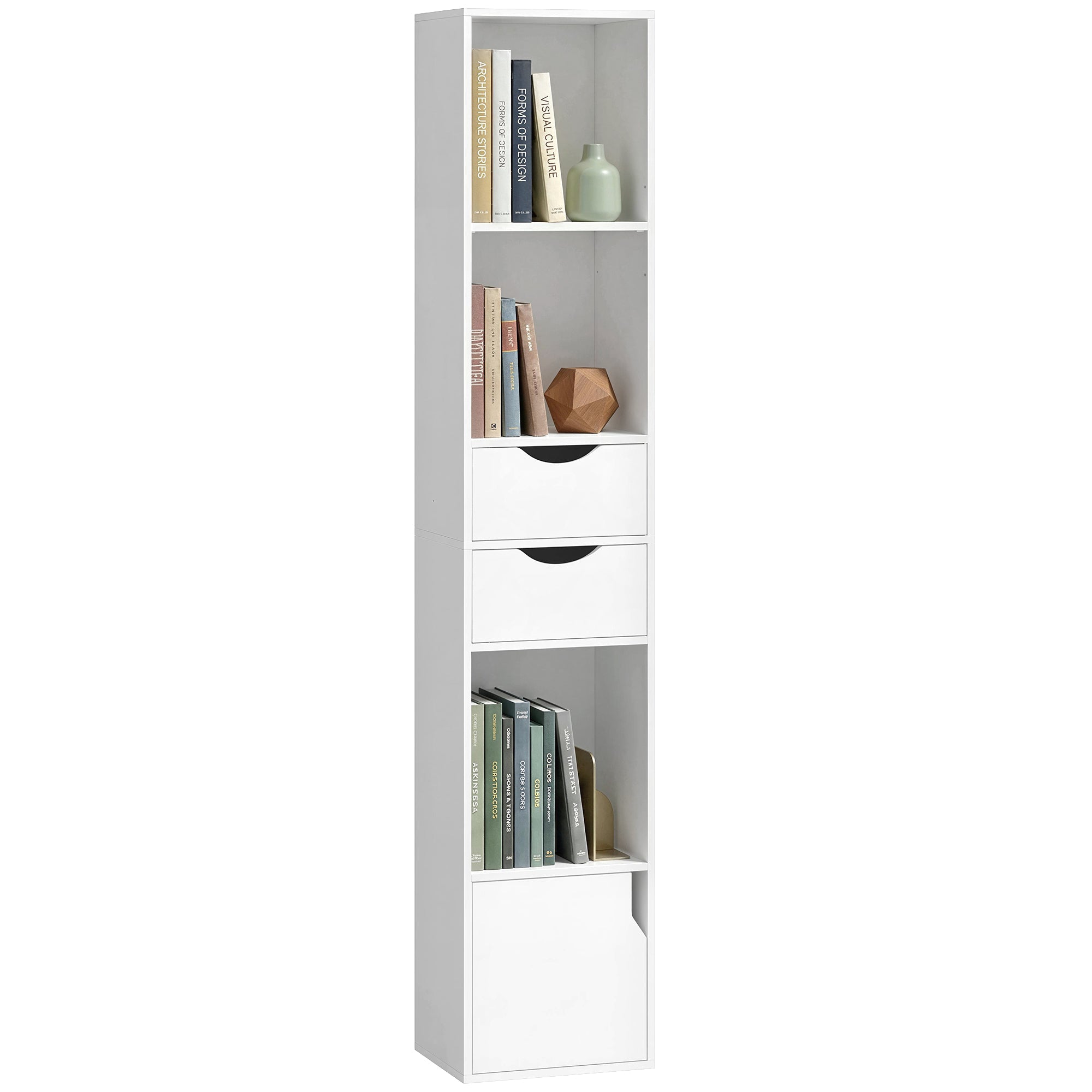 158 cm 3-Tier Bookcase with Drawers and Doors, Slim Adjustable Cabinet, White