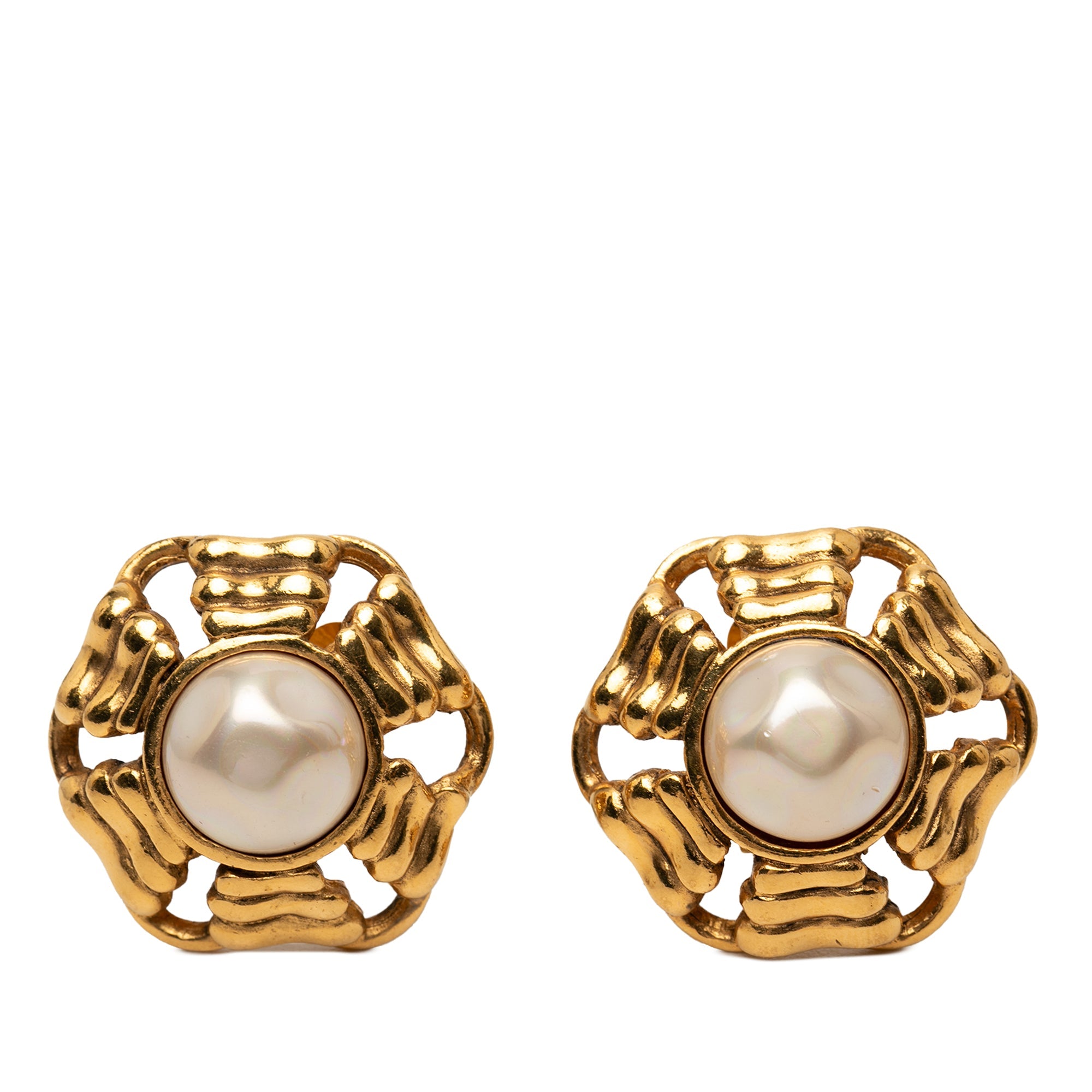 Gold Plated Faux Pearl Wavy Clip On Earrings