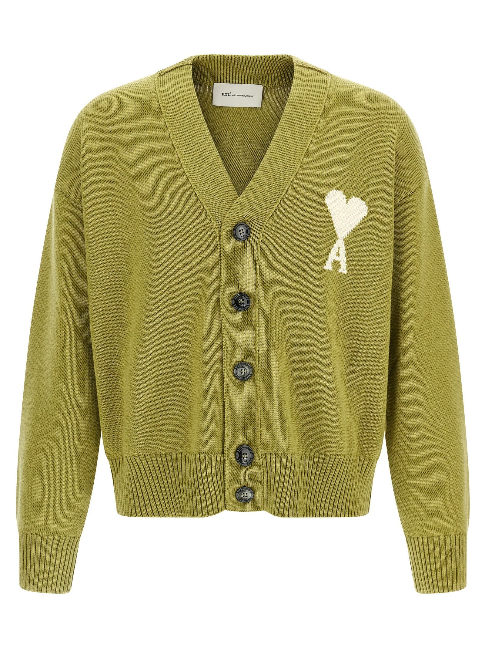Ami Paris Logo-Intarsia Knit Cardigan — Olive