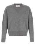 Ami Paris Wool and Cashmere with Puff Logo Patch Sweater — Gray