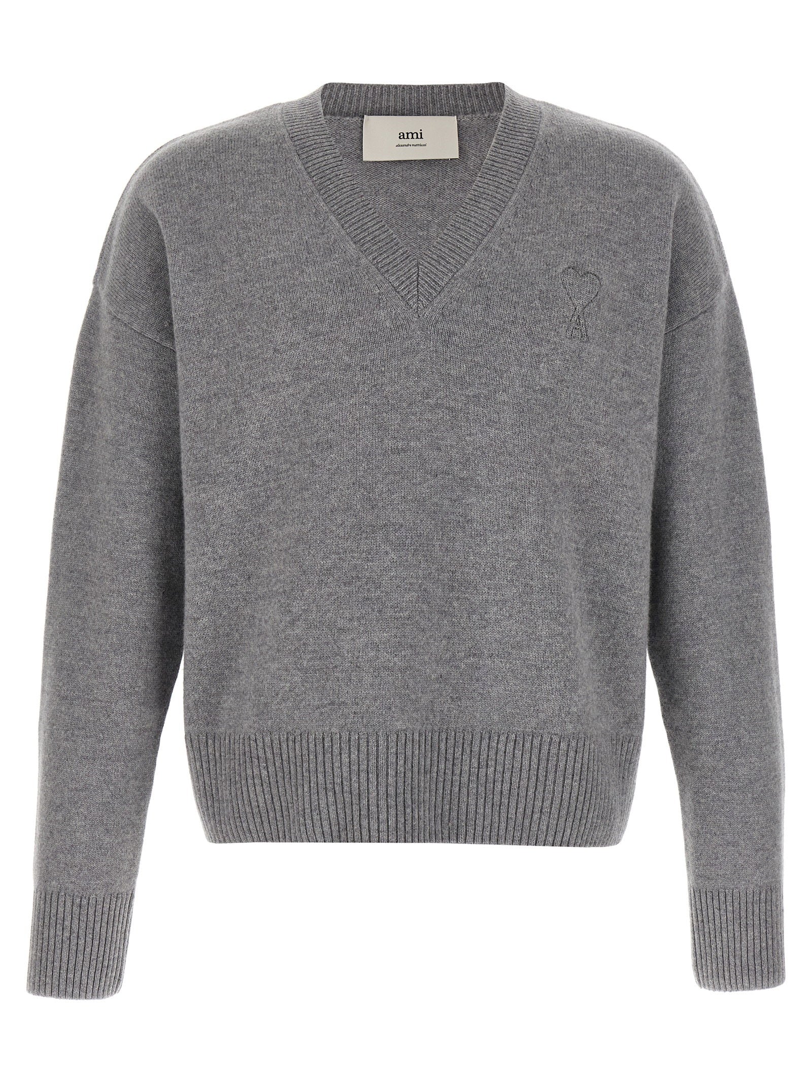 Ami Paris Wool and Cashmere with Puff Logo Patch Sweater — Gray