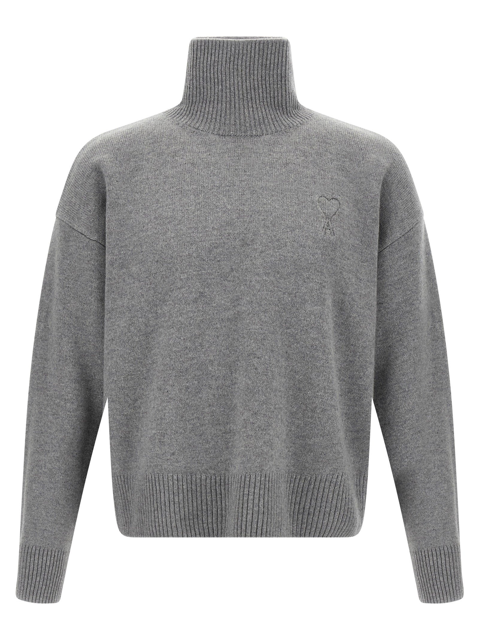 Ami Paris Puff Logo Turtleneck Sweater — Grey