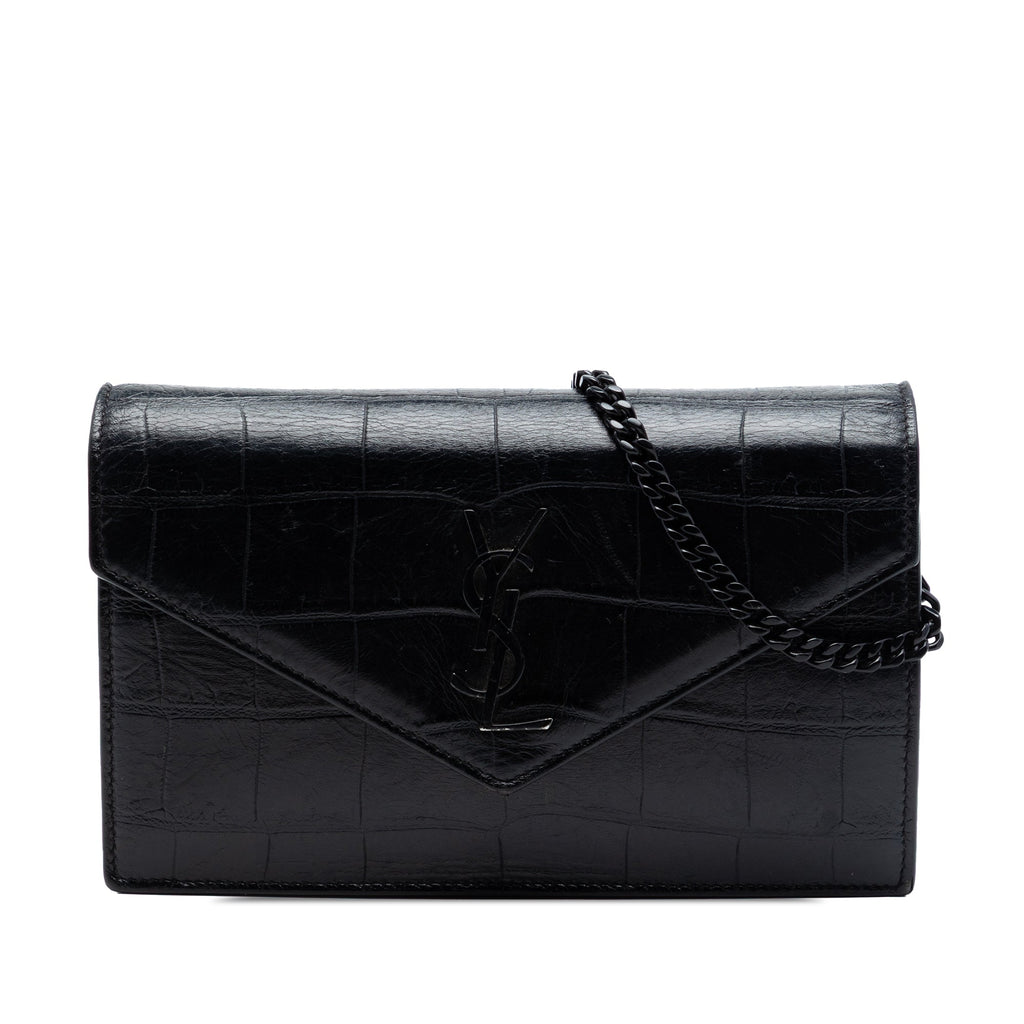 Croc Embossed Leather Monogram Monochrome Envelope Chain Wallet