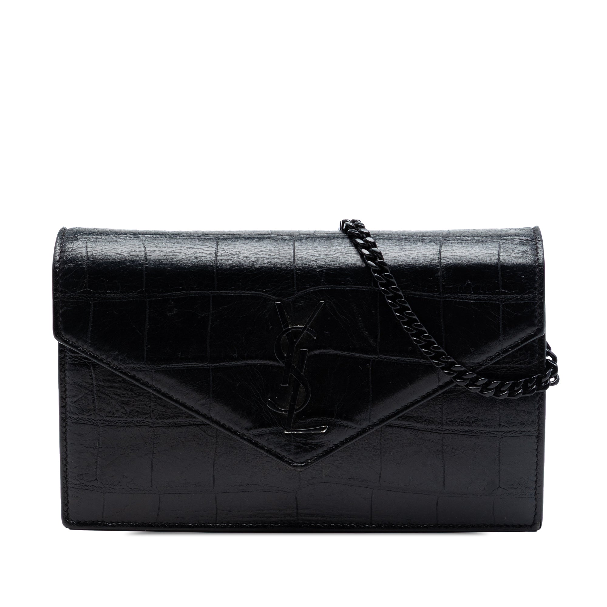 Croc Embossed Leather Monogram Monochrome Envelope Chain Wallet