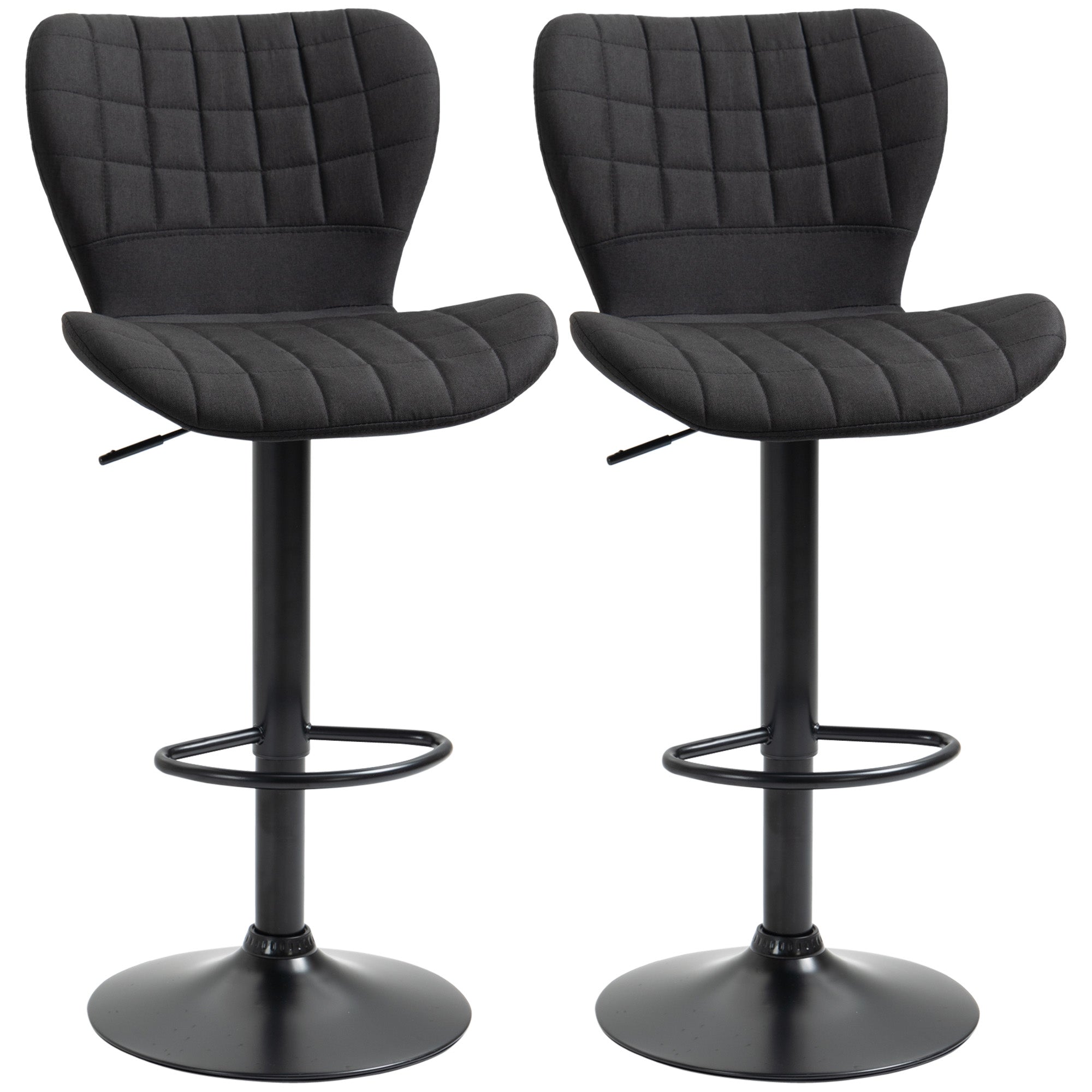 Set of 2 Adjustable Linen Swivel Bar Stools with Wide Seat, Black