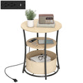 20" Dia Round Side Table with Charging Station, 3-Tier Fabric Storage, Natural Wood