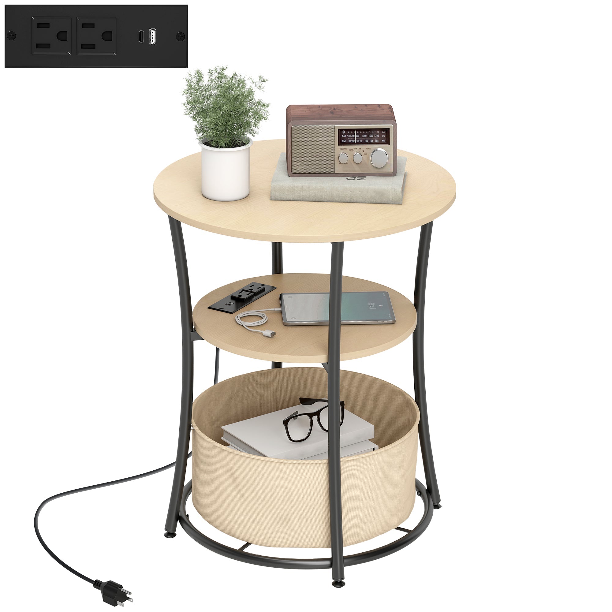 20" Dia Round Side Table with Charging Station, 3-Tier Fabric Storage, Natural Wood