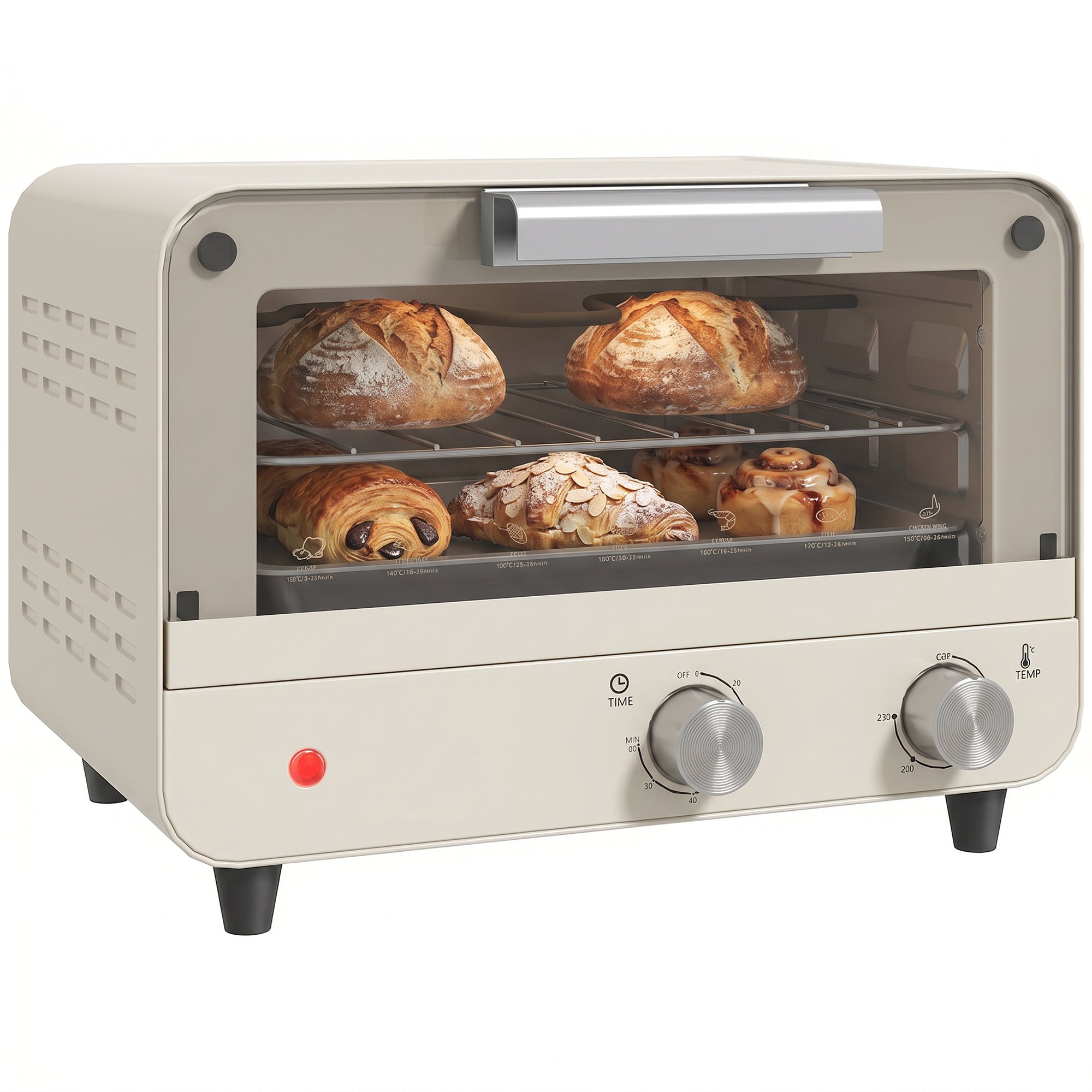 12L Mini Countertop Toaster Oven with Glass Door, Adjustable Temperature & Timer, 750W, Cream White