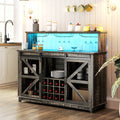 55" Coffee Bar Cabinet with Lights, Farmhouse Wine Cabinet with Glass Racks,  Dark Brown