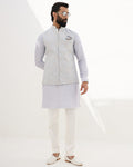 Sky Blue Banarasi Scallop Kurta and Nehru Jacket Set By KYNAH, Luxury Indian Fashion & Bridal Wear
