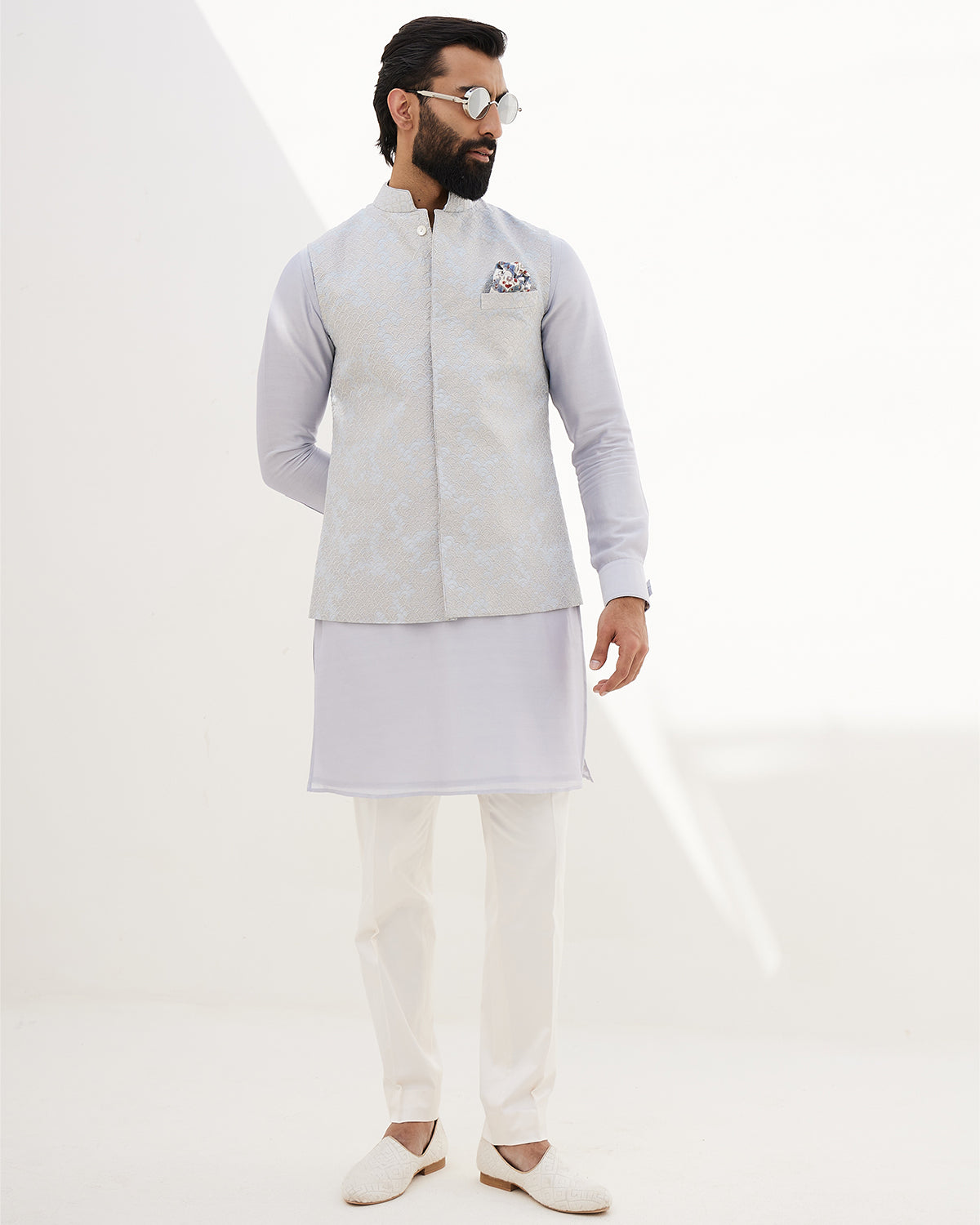 Sky Blue Banarasi Scallop Kurta and Nehru Jacket Set By KYNAH, Luxury Indian Fashion & Bridal Wear