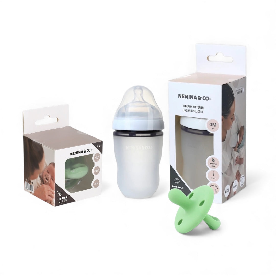 Pack Biberon Blanco flujo lento + Chupete Clásico Oliva Nenina & Co