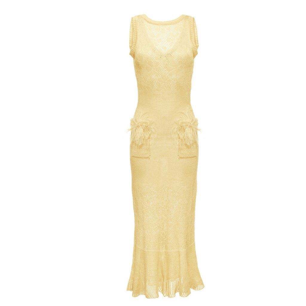 Butter Yellow Knit Dress With Feathers