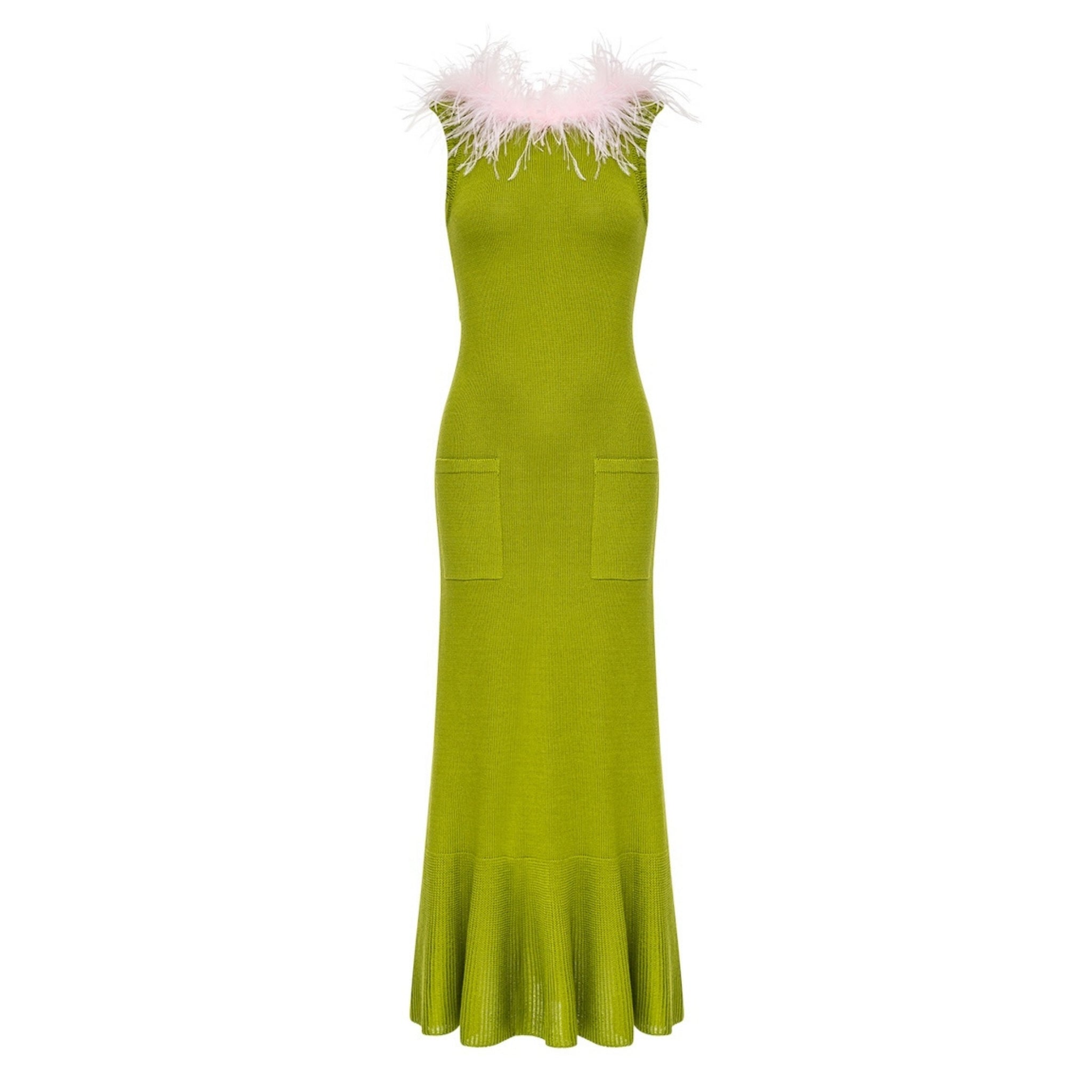 Chrysanthemum Green Knit Dress with Pink Ostrich Feathers