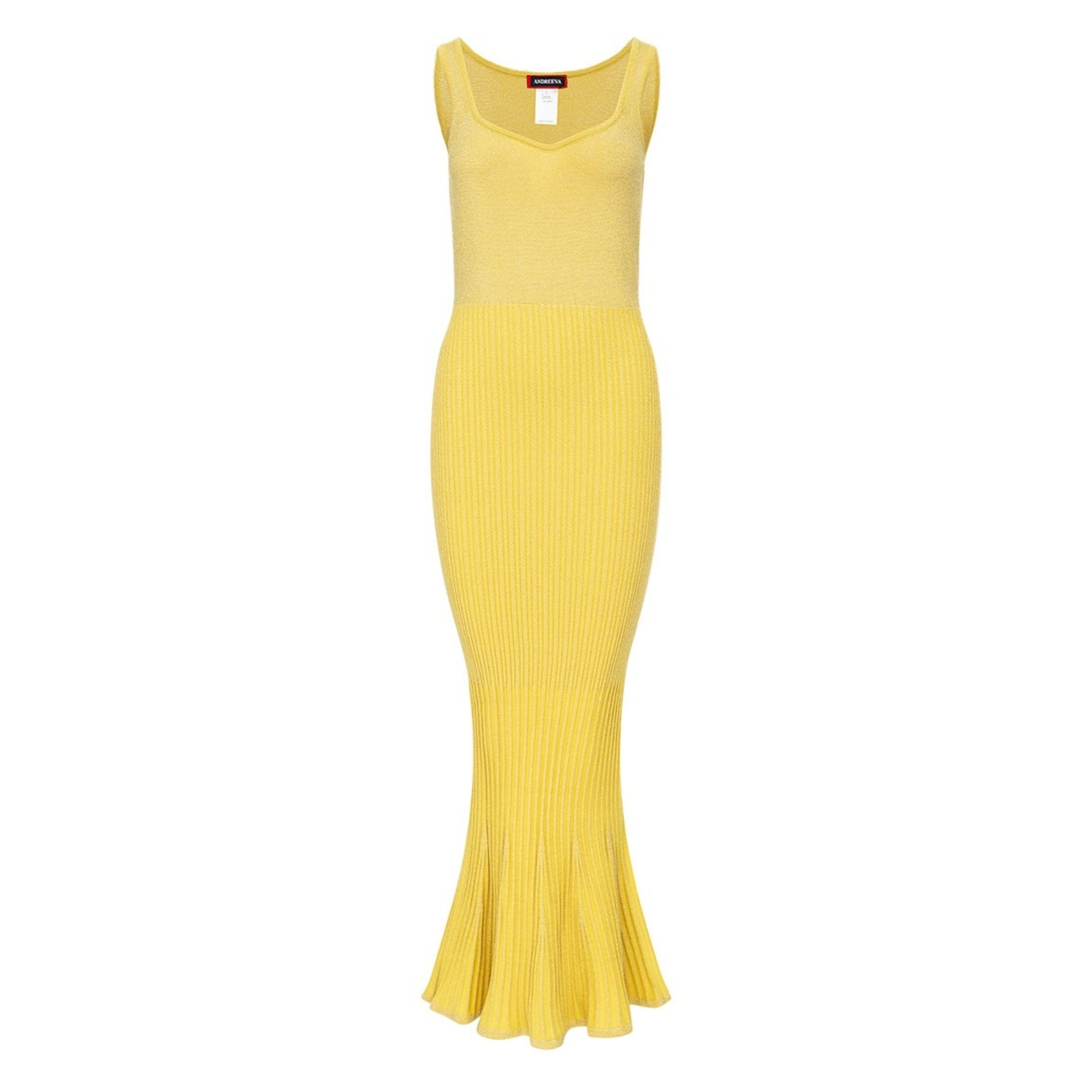 Butter Yellow Metallic Knit Dress with Flared Hem