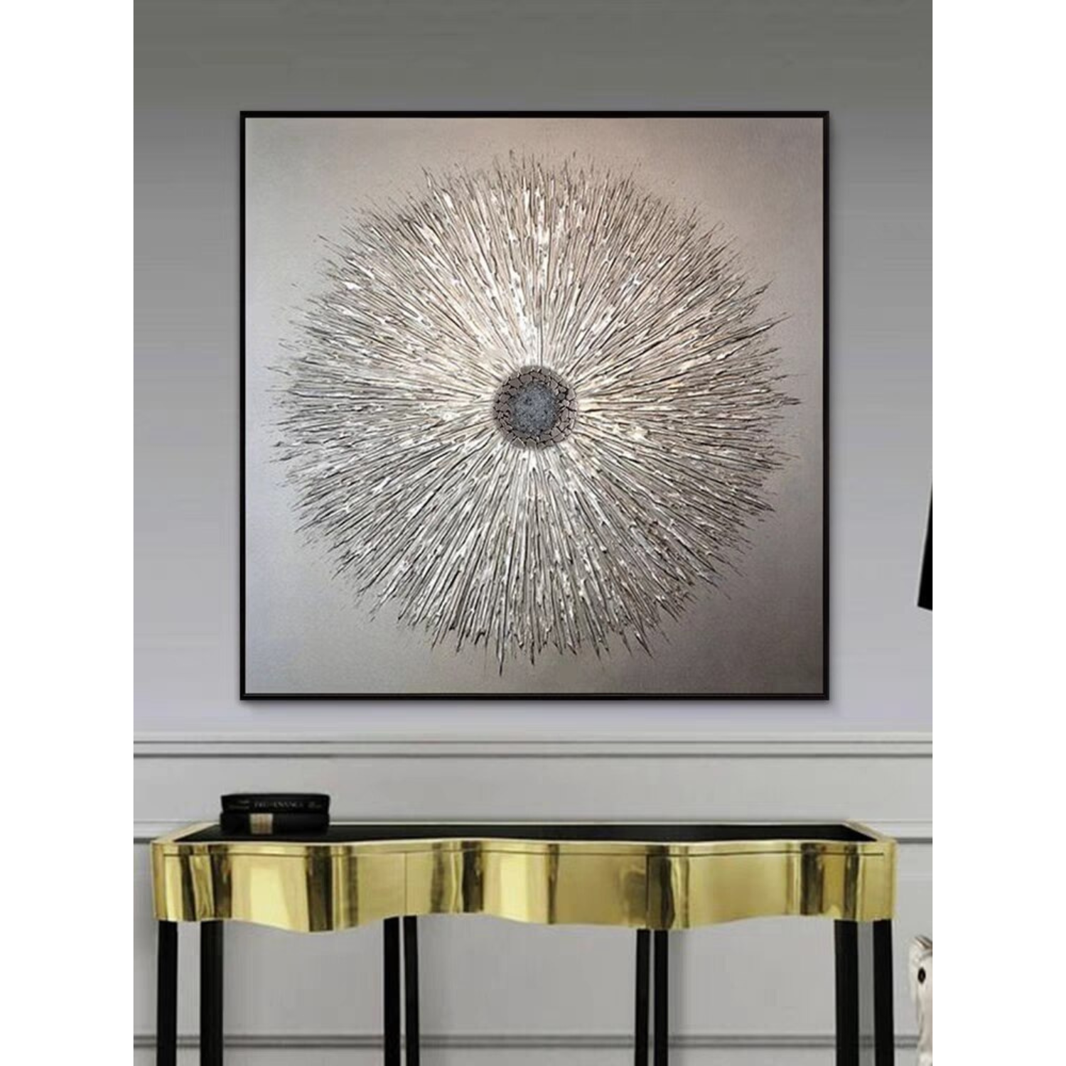 ArtZ® Hypnotic Flower Hand Painted Oil Painting On Canvas - Silver Tones / 47.2 inch by 47.2 inch (120x120cm) No Frame