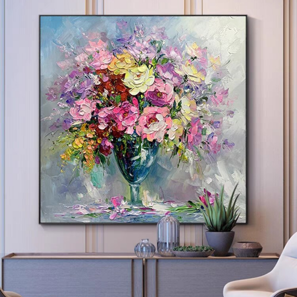 ArtZ® Happy Flowers Hand Painted Oil Painting On Canvas - 23.6 inch by 23.6 inch (60x60cm) No Frame