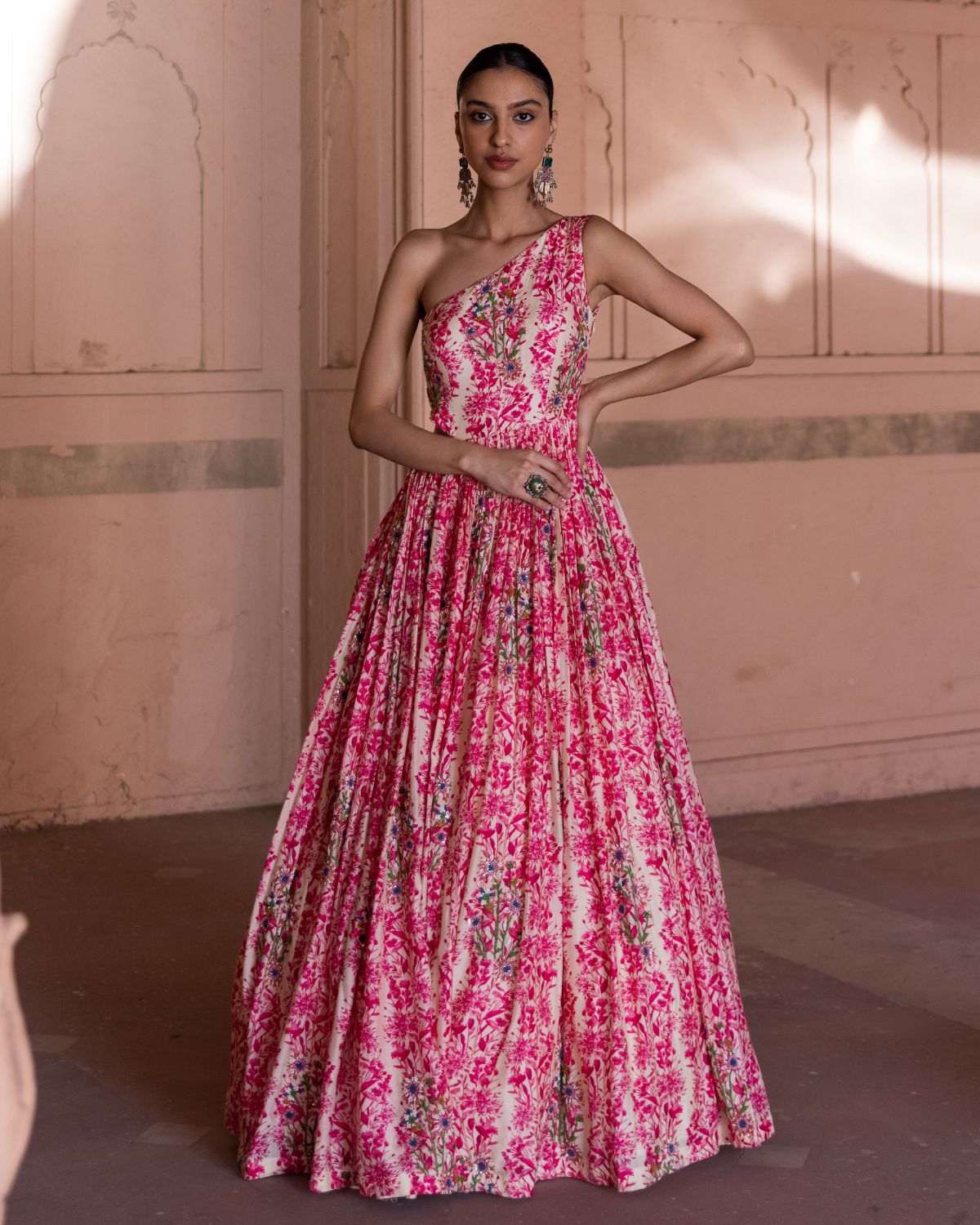 One Shoulder Rani Pink Gown By KYNAH, Luxury Indian Fashion & Bridal Wear