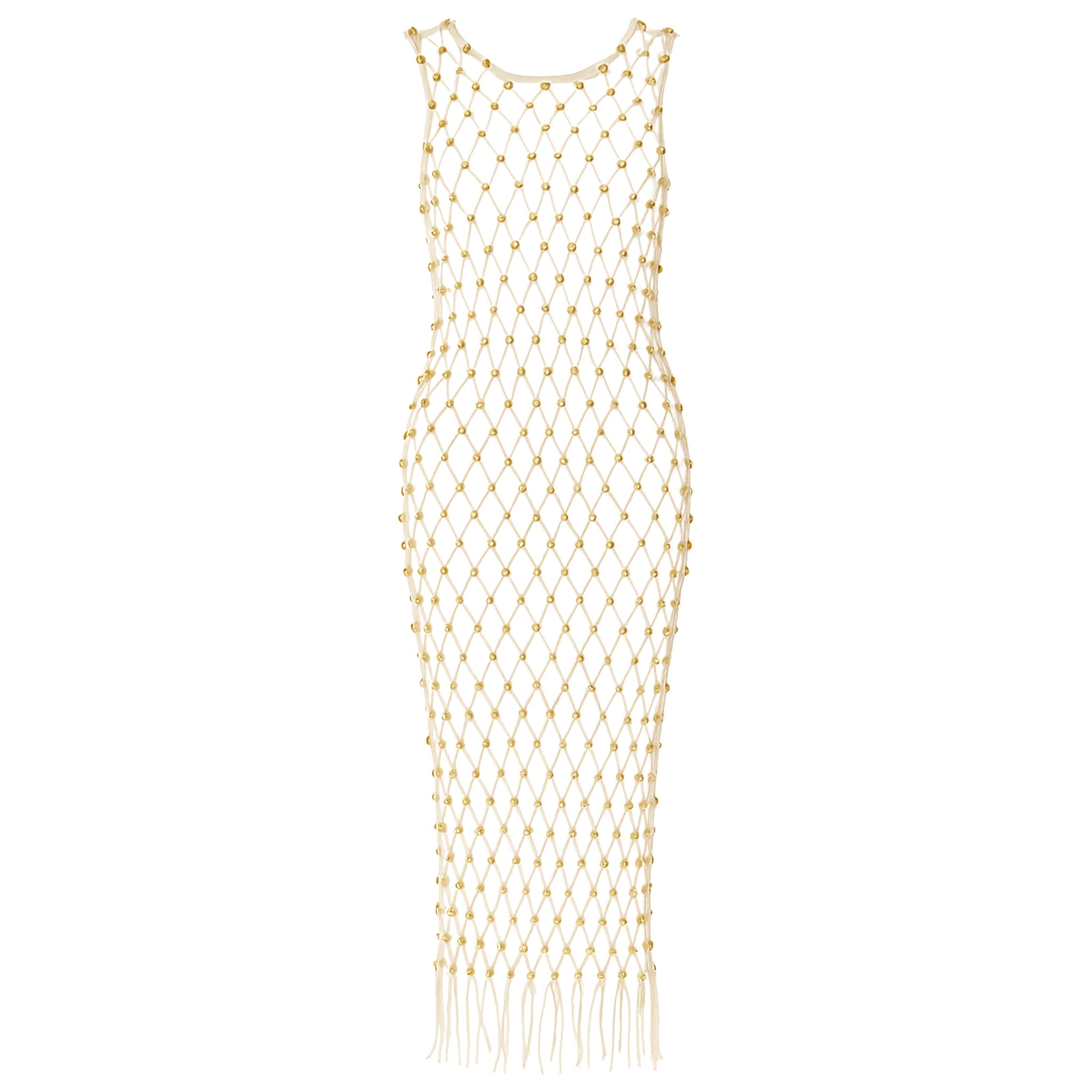 Cream Hand-Woven Crochet Dress with Gold Beads