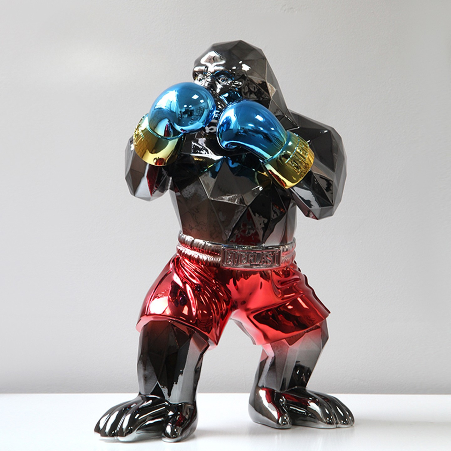 ArtZ® Urban Primate Boxing Gorilla Sculpture - Black Gorilla; Red Shorts; Blue Gloves