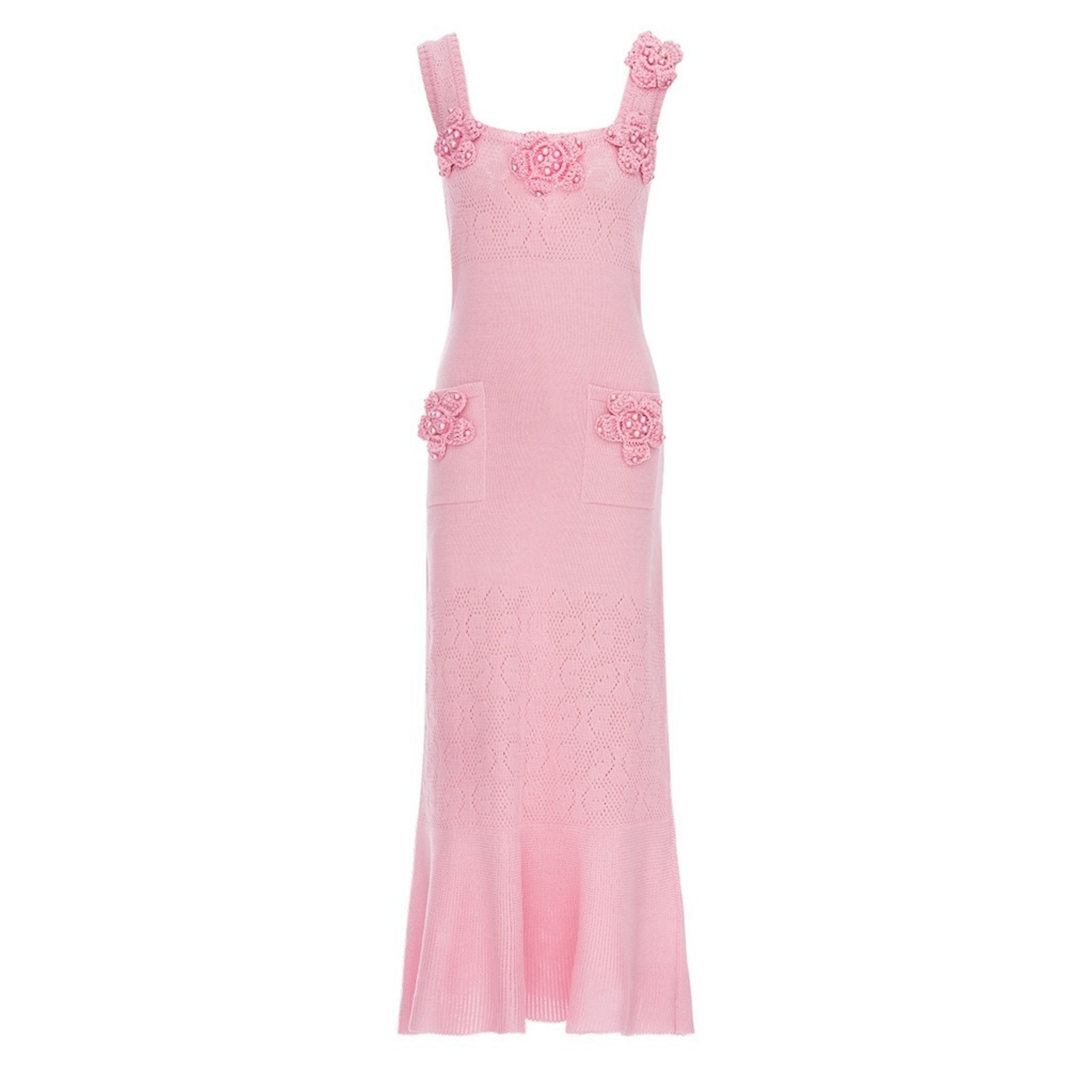 Rose Vanilla Knit Dress With Handmade Knit Details