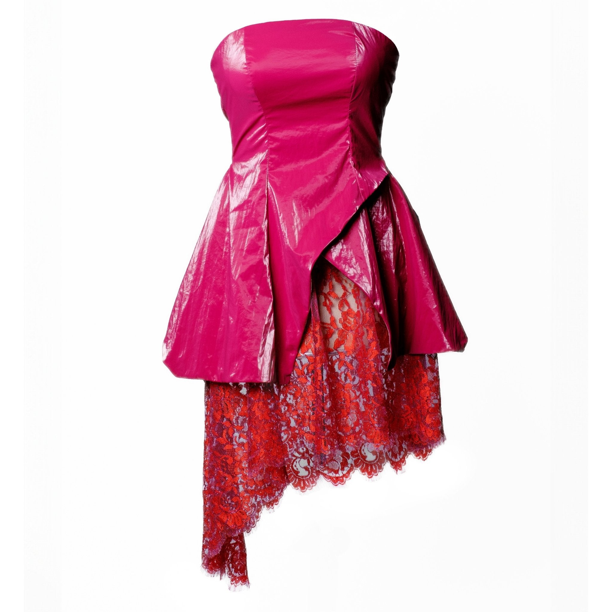 Strapless Fuchsia Faux Leather Mini Dress with Lace Hem | PR Sample