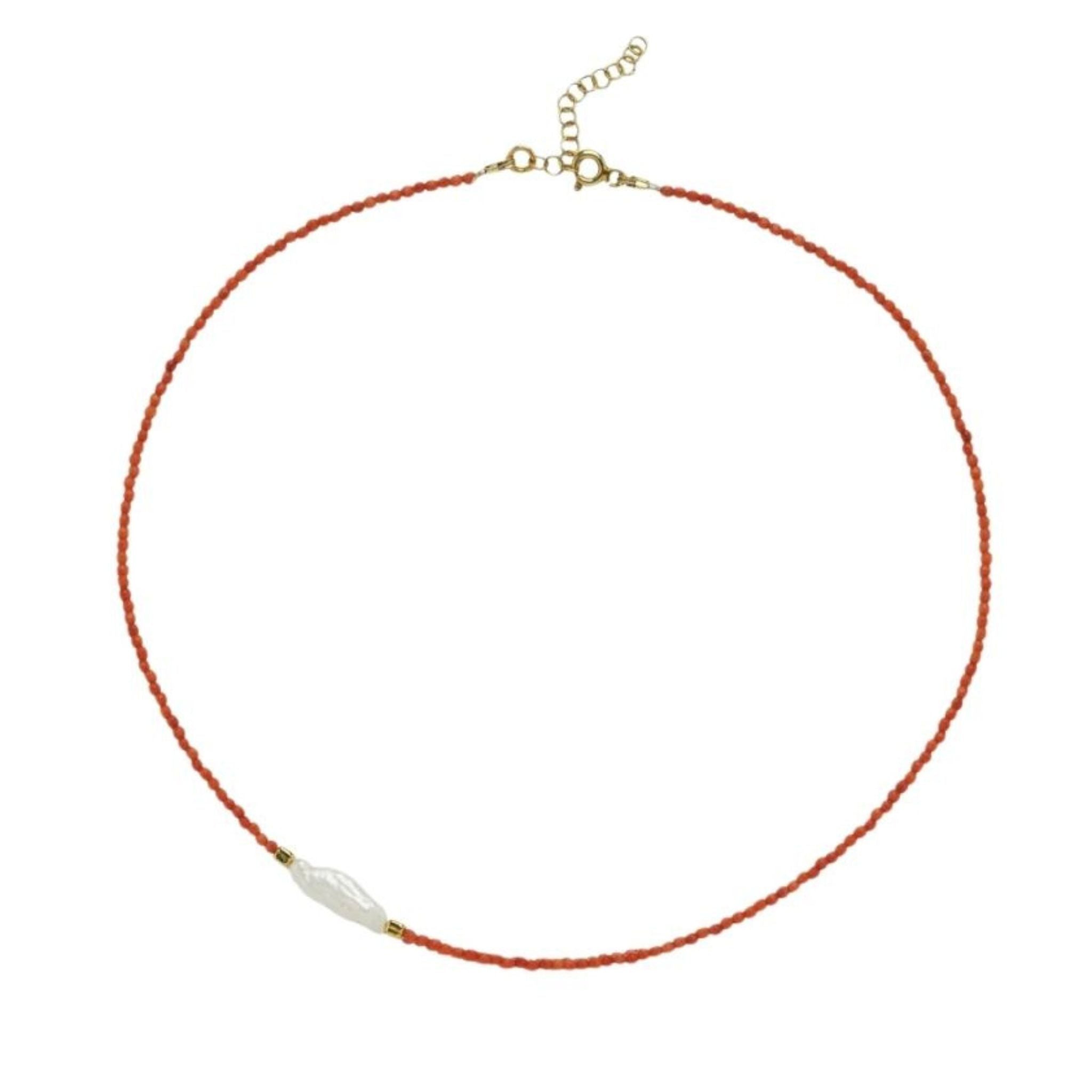 Kely Red Coral Beaded Necklace with Pearl Detail