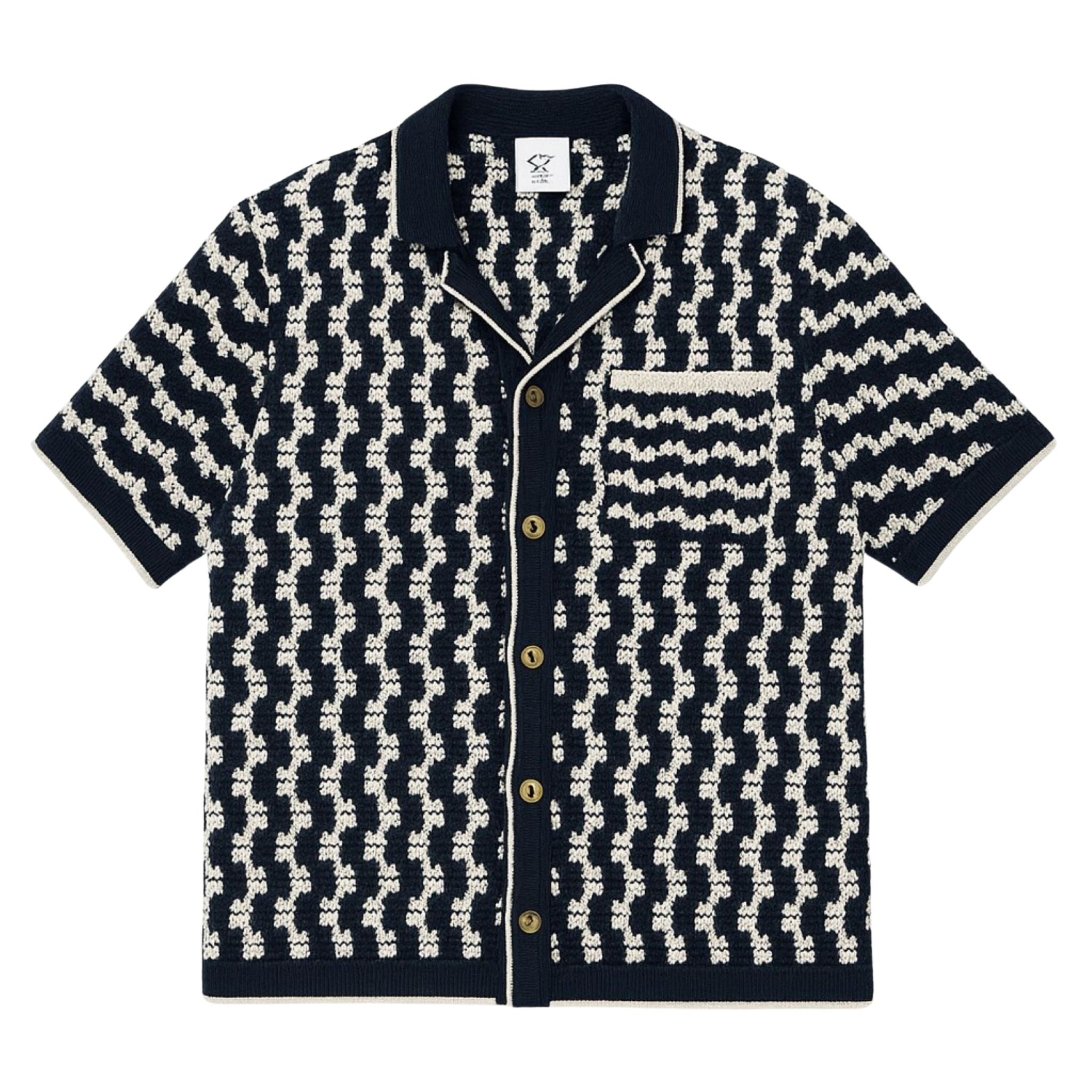 Navy Crochet Button-Up Shirt in Organic Cotton Blend