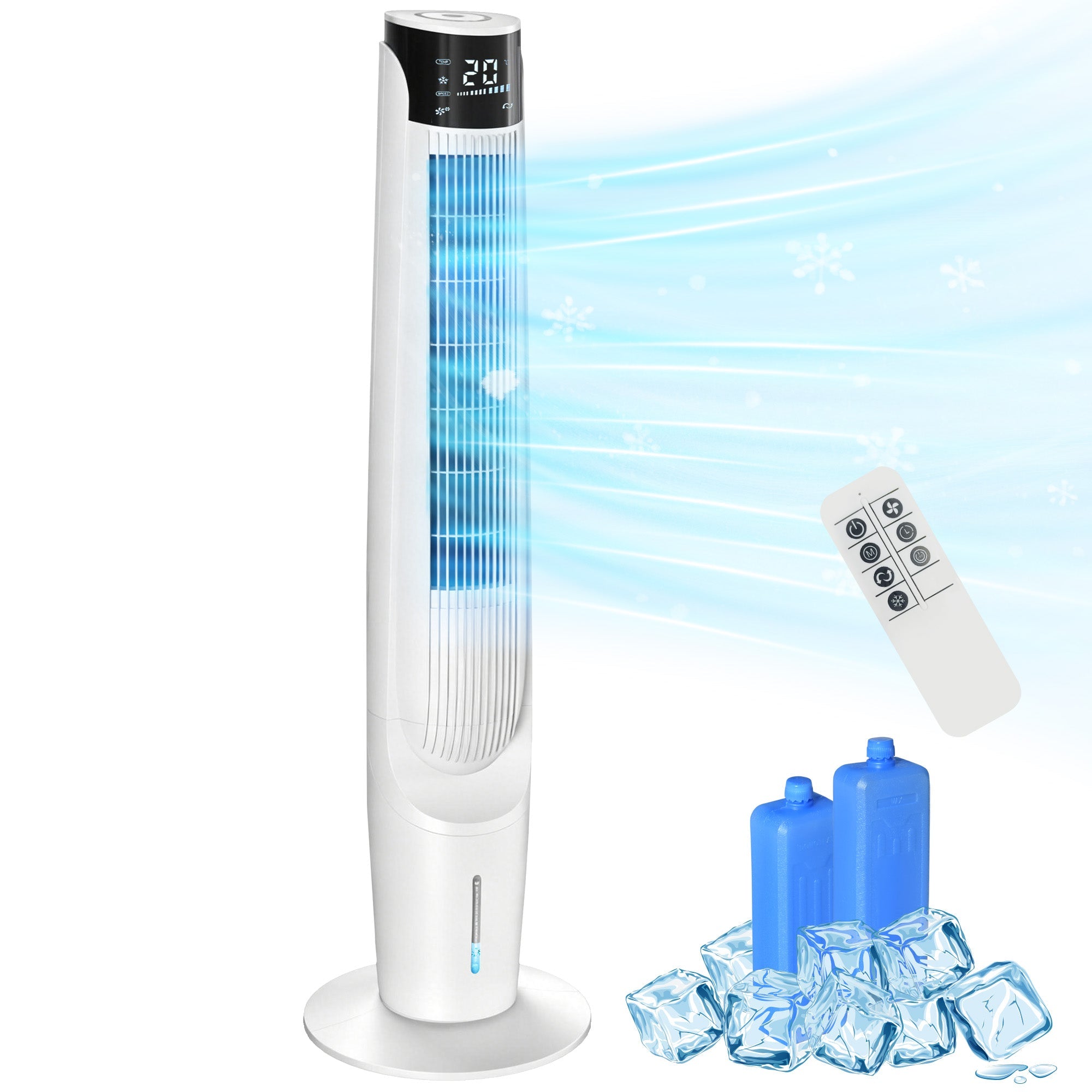 Air Cooler, Oscillating Ice Cooling Fan with 3 Speeds, 4 Modes, 12 Hour Timer, LED Display & Remote Control, White