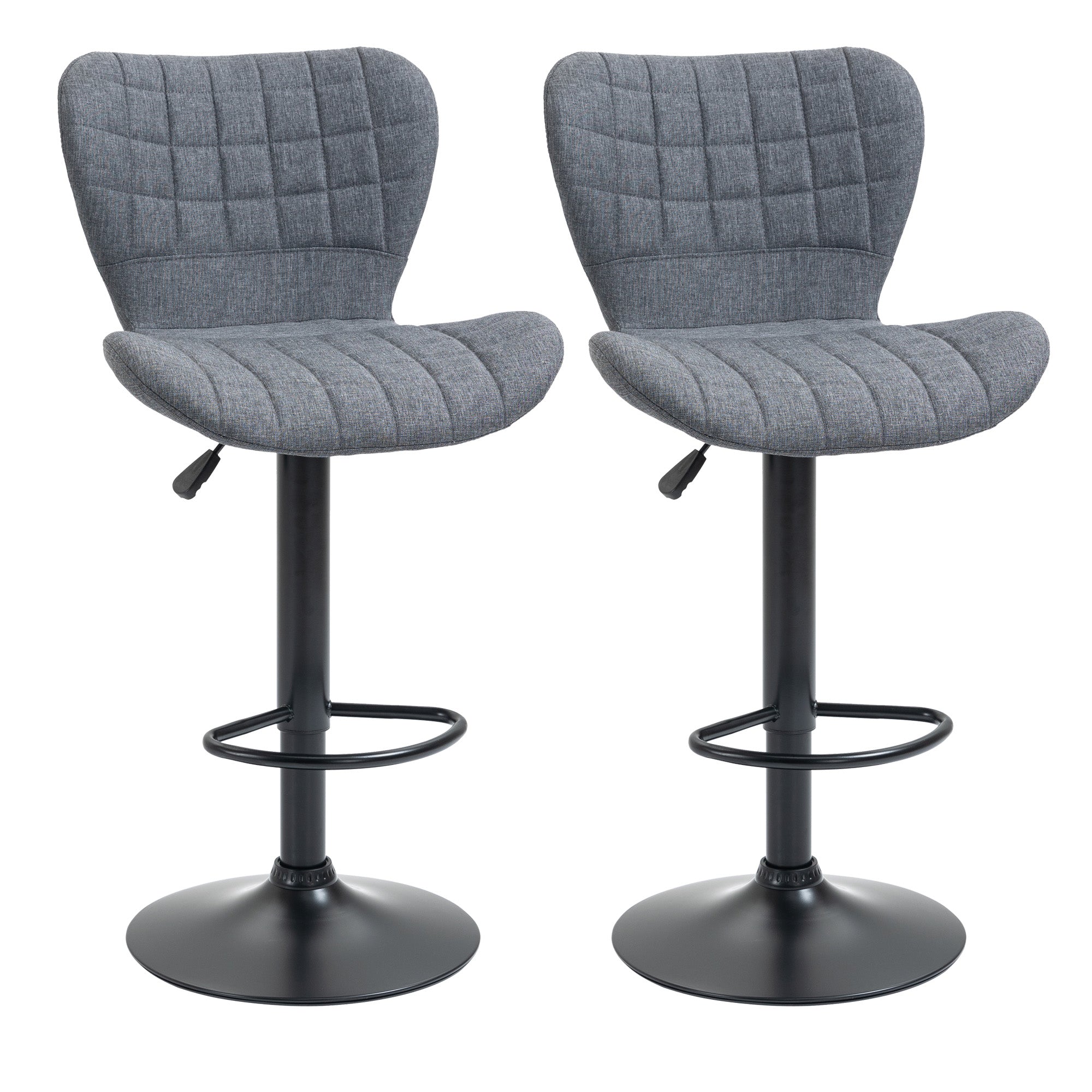 Set of 2 Adjustable Linen Swivel Bar Stools with Wide Seat, Grey