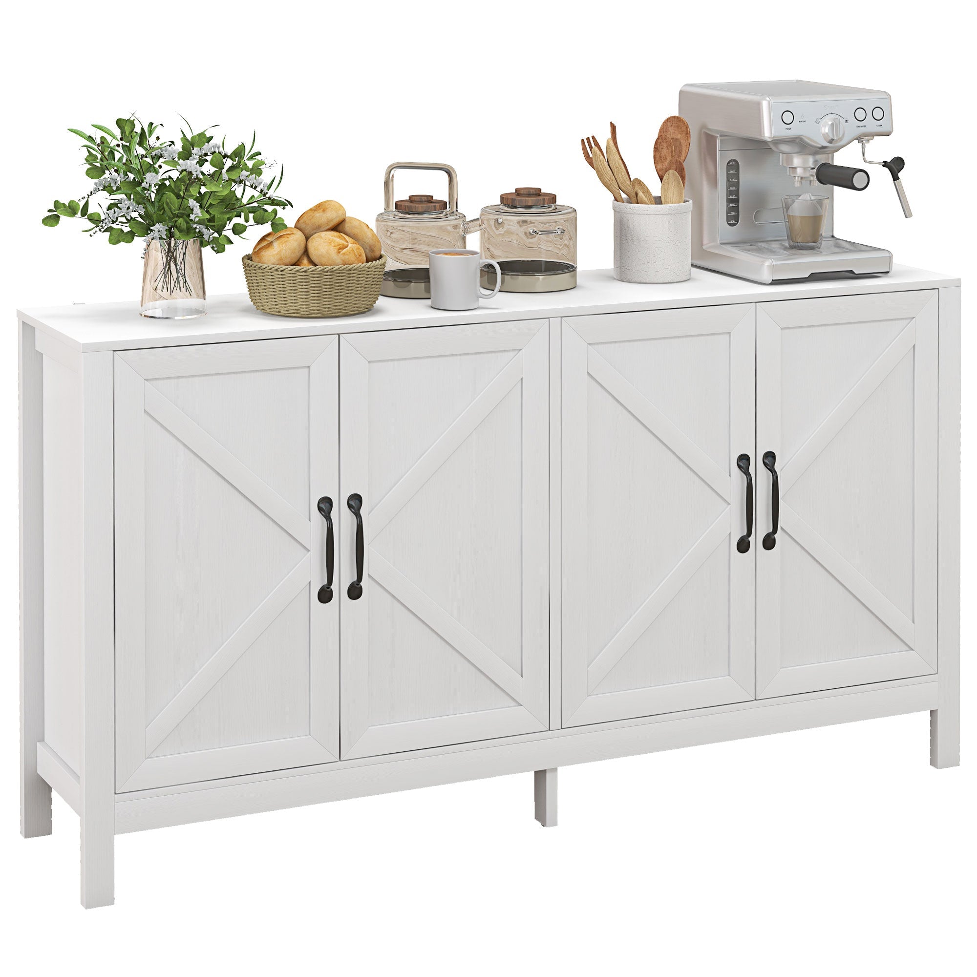Kitchen Storage Sideboard with 4 Barn Doors & Adjustable Shelves, White