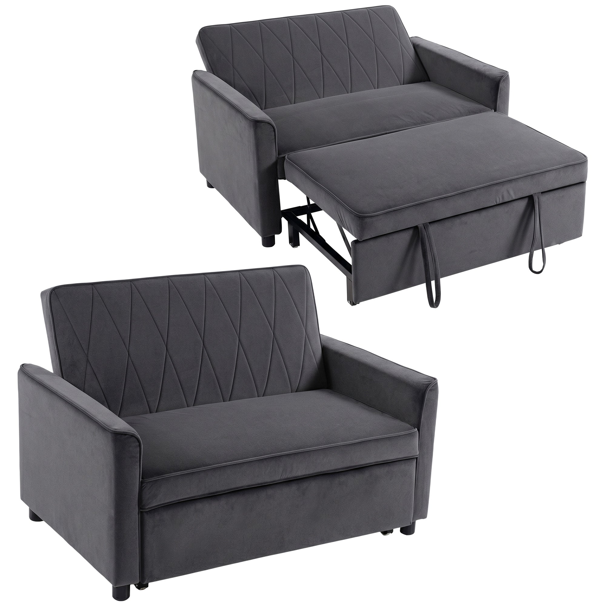 2 Seater Velvet Sofa Bed with Clik-Clack Adjustable Backrest & High-Density Foam, Dark Grey