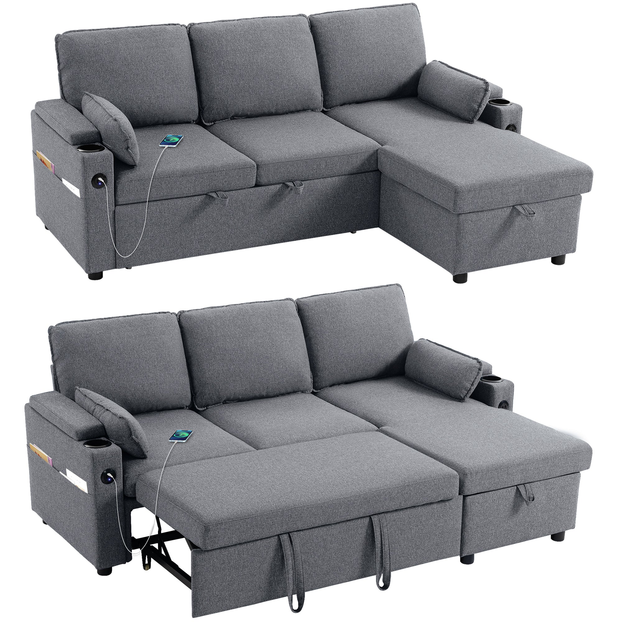 3-Seater L-Shaped Sofa Bed with Storage Chaise, USB & Cup Holders, Grey