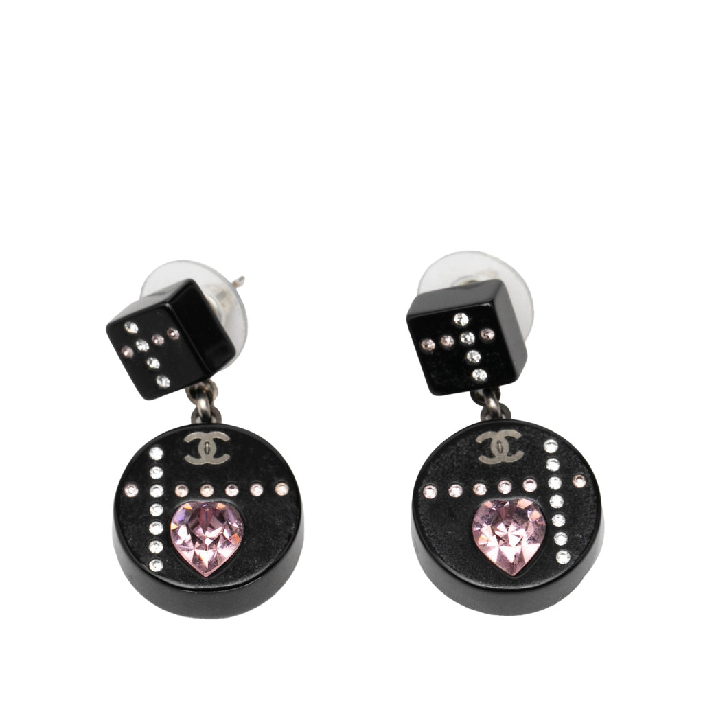 Resin CC Dice and Heart Crystal Drop Push Back Earrings
