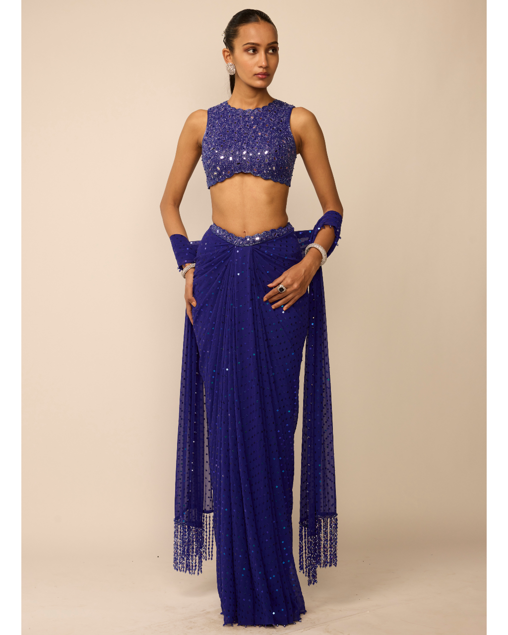 Cocktail Blue Sequins Embroidered Draped Skirt Set By KYNAH, Luxury Indian Fashion & Bridal Wear
