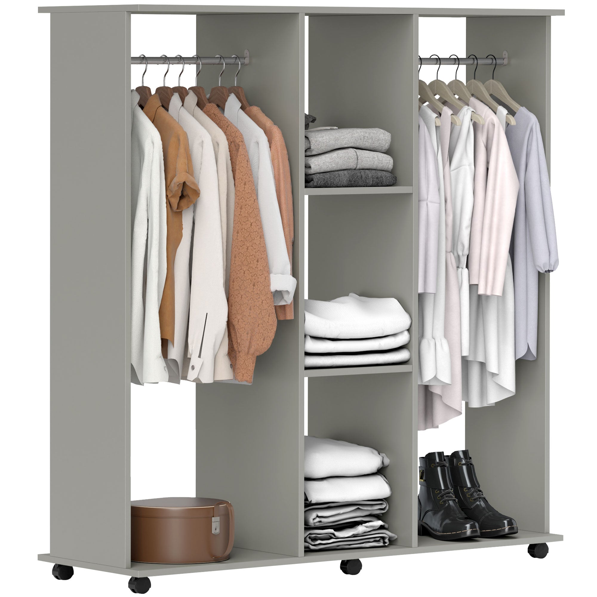 Double Open Wardrobe on Wheels with Clothes Rail, 3 Storage Shelves for Cloakroom, Grey