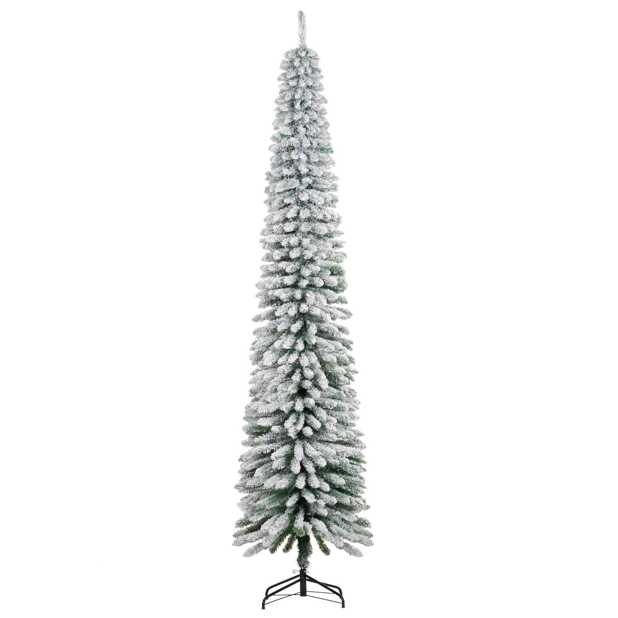 9ft Snow-Flocked Artificial xmas Tree, Slim Pencil Tree with Realistic Branches, Green