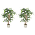 4FT Artificial Banyan Tree Set of 2, Lifelike Fake Tree with Solid Wood Trunk and Pot, Green