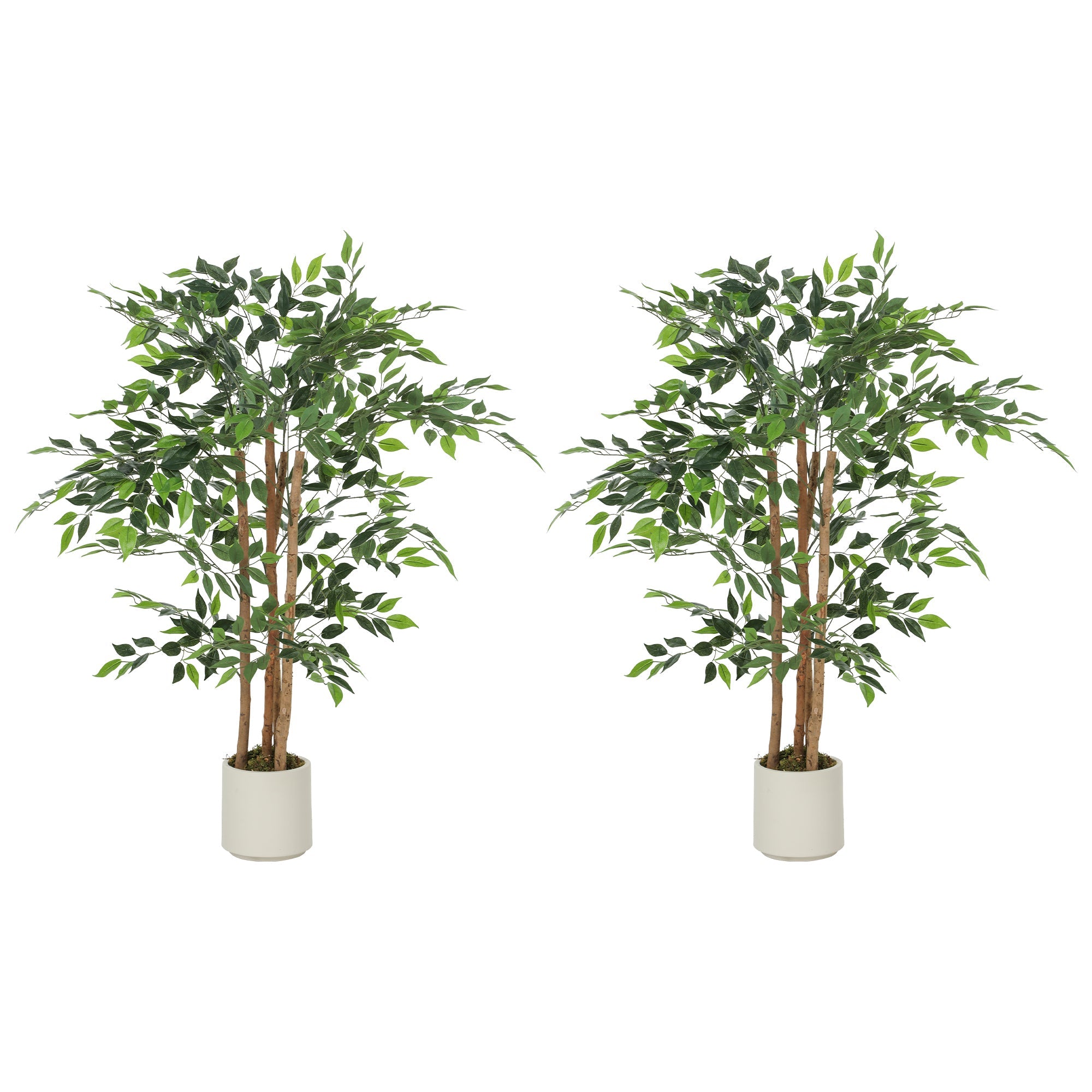 4FT Artificial Banyan Tree Set of 2, Lifelike Fake Tree with Solid Wood Trunk and Pot, Green